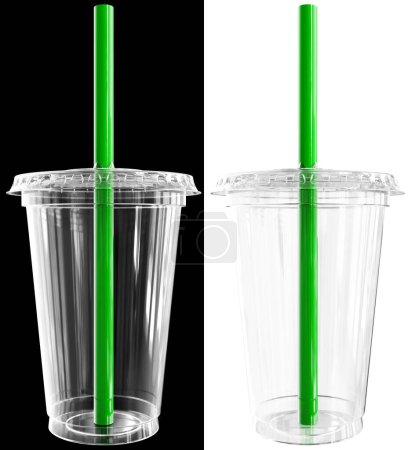 3D Empty Disposable Plastic Cup With Lid And Straw Isolated on Black and White Background With Clipping Path