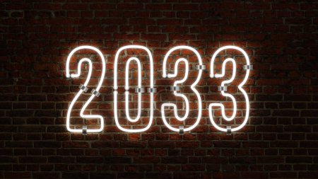 Photo for 3D 2033 Happy New Year Neon Light Flickering Shining Over a Brick Wall Background - Royalty Free Image