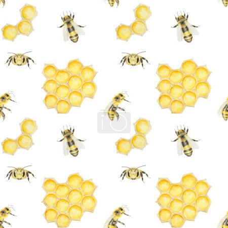 Watercolor pattern of honey and bees. Hand drawn and isolated on white background. Great for printing on fabric, postcards, invitations, menus, cosmetics, cooking books and others.