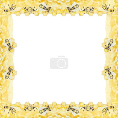 Téléchargez les photos : Illustration aquarelle de miel et d'abeilles. Peinture dessinée à la main isolée sur fond blanc. Idéal pour l'impression sur cartes postales, invitations, menus, cosmétiques, livres de cuisine et autres. - en image libre de droit