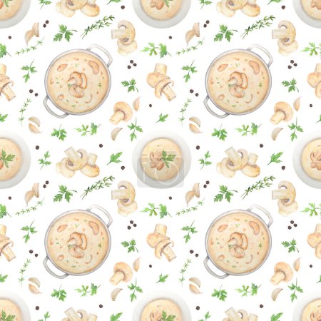 Téléchargez les photos : Aquarelle de champignons et feuilles de persil vert, ail, poivre, assiette et casserole avec soupe aux champignons. Cadre dessiné à la main en aquarelle sur fond blanc. Idéal pour l'impression sur tissu - en image libre de droit
