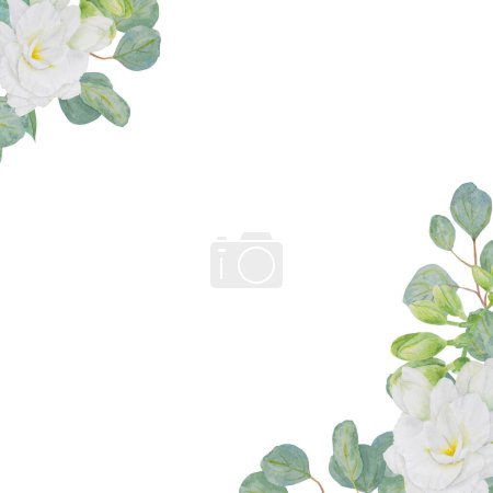 Téléchargez les photos : Clipart aquarelle de fleurs blanches freesia et branches d'eucalyptus. Peinture florale dessinée à la main pour les invitations de mariage, fleuriste, salon de beauté. Tropical, fleur de printemps pour salutations, impressions - en image libre de droit