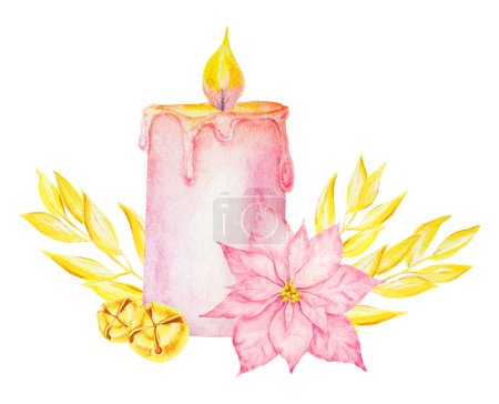 Pink burning wax candle. Hand drawn watercolor illustration. Good for event, Christmas and Happy New Year prints and decorations, invitations, cards, wedding designs. Romantic element of cozy interior