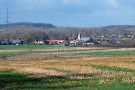 Téléchargez les photos : Vue sur les champs agricoles et le village de Kobbegem, Brabant flamand, Belgique - en image libre de droit
