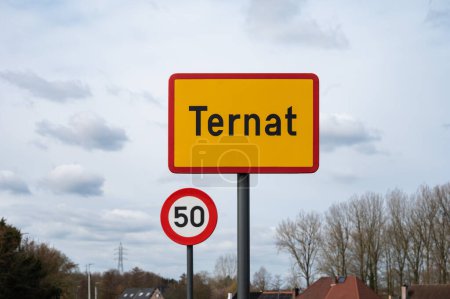 Photo for Ternat, Flemish Brabant, Belgium, March 11, 2023 - Sign of the Ternat urbanisation and a speed limit of 50 km per hour - Royalty Free Image