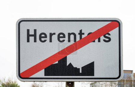 Photo for Herentals, Flanders, Belgium - April 22, 2023 - Black and white sign showing the end of the urbanisation of Herentals - Royalty Free Image