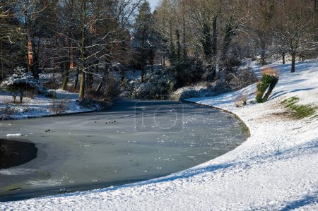 Frozen pond and park of the village hall in Dilbeek, Flemish Brabant, Belgium