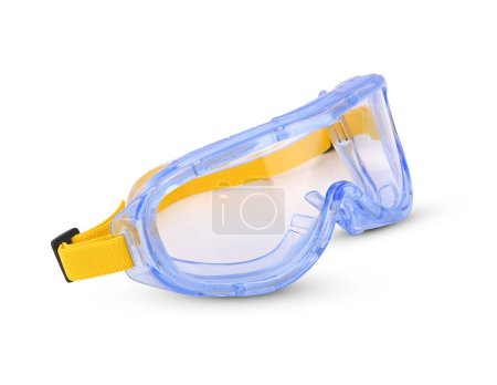 Foto de Salpicadura química azul, gafas de seguridad de impacto sobre fondo blanco - Imagen libre de derechos