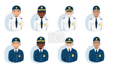 Ilustración de Varios tipos de piel aduanas, oficiales de policía con camisas y chaquetas. Ilustración vectorial - Imagen libre de derechos