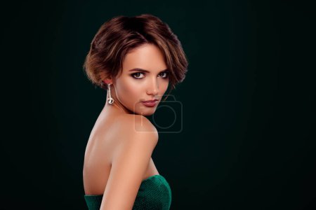 Photo for Photo of luxurious elegant lady attracting guy on xmas corporate party isolated dark green color background. - Royalty Free Image