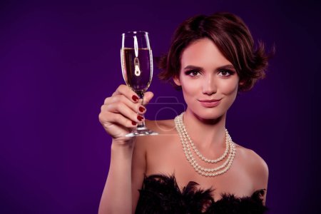 Photo for Portrait of rich lady celebrity raise glass celebrate christmas eve vogue night party isolated bright background. - Royalty Free Image