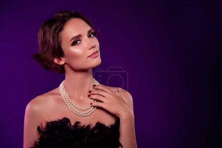 Photo for Photo of stunning noble lady touch accessories wealthy millionaire boyfriend gift isolated vibrant color background. - Royalty Free Image