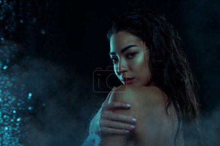 Photo for Photo of gorgeous lady touch shoulders apply soap have bath isolated on black glass background with water condensation. - Royalty Free Image