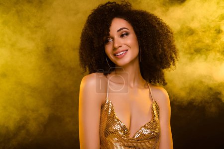 Photo for Photo of pretty lovely nice lady on vogue occasion smiling meeting millionaire guy isolated dark color background. - Royalty Free Image