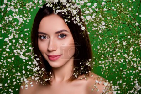 Photo for Decorated floral background with gypsophila s breath stem young future mother feel connection with baby and nature. - Royalty Free Image