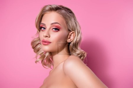Photo for Portrait of attractive model girl studio portrait flawless body skin look camera posing isolated pink pastel background. - Royalty Free Image