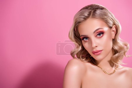 Photo for Professional studio photo of cute lady with shiny make up advertise beauty collection isolated pastel color background. - Royalty Free Image