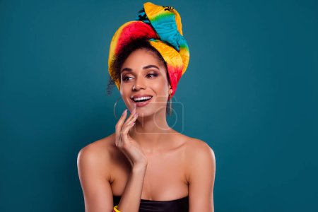 Photo for Photo of lovely dream positive lady goddess touch lips enjoy national cosmetics on blue color background. - Royalty Free Image