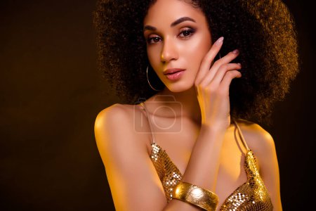 Photo for Close up photo of elegant lady in fashionable outfit touch celebrate rich event isolated dark color background. - Royalty Free Image