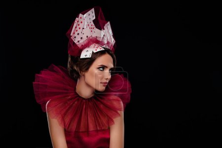 Photo for Studio photo portrait with tender young lady wear poker cards decor headwear aristocrat dress high lace collar gambling. - Royalty Free Image