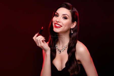 Photo for Photo of gorgeous classy lady girlfriend pop star prepare for vip wealthy event over red neon background. - Royalty Free Image