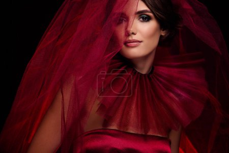 Téléchargez les photos : High fashion magazine close seup portrait of dark bride lady wear ruby robe dentelle voile posant tendre sensuel passionné. - en image libre de droit
