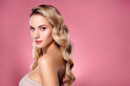 Photo for Photo of luxurious lady prepare for date wedding have long wavy shiny hairstyle over pastel color background. - Royalty Free Image