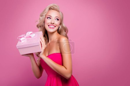 Photo for Photo of gorgeous lady girlfriend have party in barbie style enjoy advert empty space pink background. - Royalty Free Image
