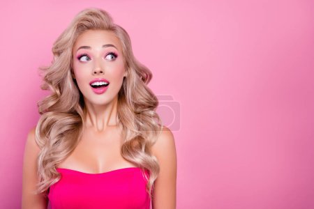 Photo for Photo of sweet pretty lovely lady in barbie cosplay impressed advert promotion isolated pink color background. - Royalty Free Image