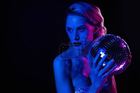 Photo for Photo of chic rich lady have fun weekend on modern nightclub dancing over vivid gradient neon dark background. - Royalty Free Image