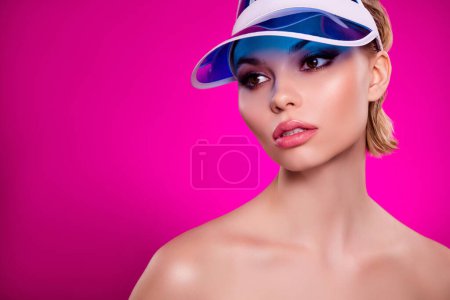 Photo for Photo of attractive lady wear plastic transparent visor cap look empty space advertising on pink background. - Royalty Free Image