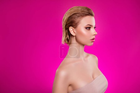 Photo for Profile side of fancy pretty girl prepare for spa salon procedure isolated on bright color background. - Royalty Free Image