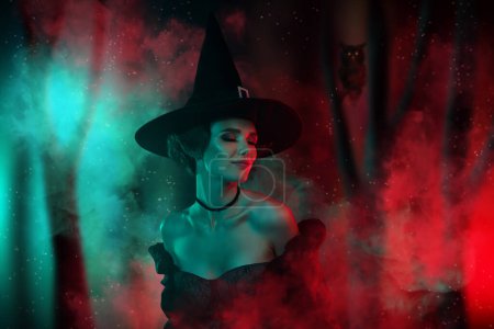 Foto de Surrealista revista cartel collage de oscuro malvado bruja dama en la tradición halloween carnaval en oscuro bosque niebla tumba. - Imagen libre de derechos