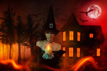 Foto de Imagen dibujo collage de malvada dama hechicera haciendo oculto hechizo vela luz en oscuro bosque bosque demonio castillo. - Imagen libre de derechos