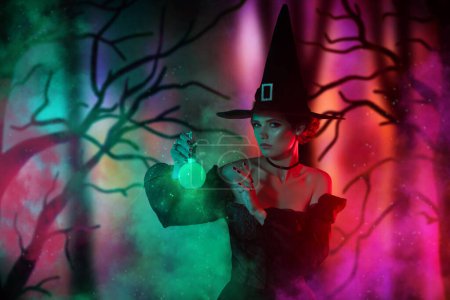 Photo for Magazine banner collage of scary devil witch spell poisonous seduce elixir in drawing fog woods cemetery. - Royalty Free Image
