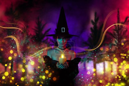 Photo for Picture creative collage of witch lady doing voodoo fairy spell use candle light in magic fog haunted woods. - Royalty Free Image