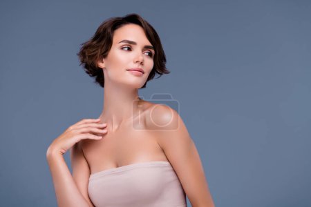 Photo for Photo of chic lady prepare for hen party event wear top dress have spa salon treatment over grey background. - Royalty Free Image