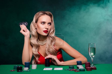 Photo for Photo of elegant stunning chic lady risky playing with best poker player bet fortune over dark mist background. - Royalty Free Image