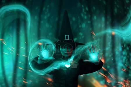 Photo for Magazine banner collage of wizard lady hands occult spells against monsters ghost on haunting dark background. - Royalty Free Image