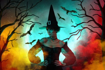 Foto de Revista dibujo collage misterio de malvada dama wicca mirando oscuros bosques encantados encantados con murciélagos voladores. - Imagen libre de derechos