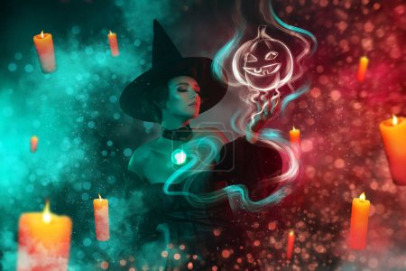 Foto de Revista imagen collage de gótico malvada dama bruja haciendo ocultista poltergeist magia piedra relicario en niebla gráficos. - Imagen libre de derechos