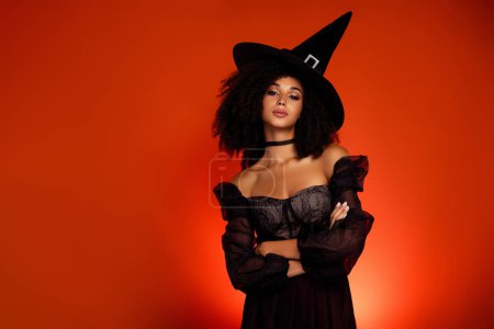 Photo for Photo of stunning gorgeous dangerous-witch lady with crossed arms summon powerful demon from hell on halloween night. - Royalty Free Image