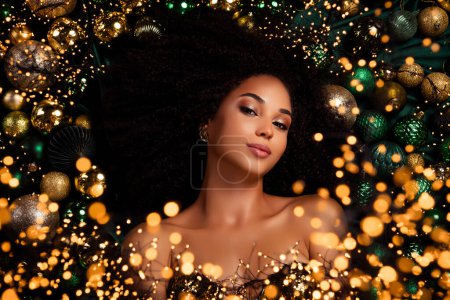 Photo for Top flatlay photo of chic charming lady tired for christmas decoration event occasion lying green balls. - Royalty Free Image