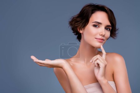 Photo for Photo of lady curious touch idea recommending perfect beauty offer for soft silky skin over grey color background. - Royalty Free Image
