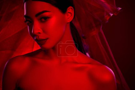 Téléchargez les photos : Photo de superbe asiatique femme femme fatale nu mariée voile épaules off isolé rouge foncé néon lumière couleur arrière-plan. - en image libre de droit