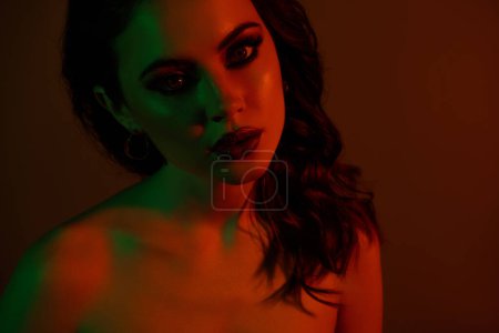 Photo for Photo of stunning gorgeous classy girl celebrate valentine day with rich boyfriend over neon dark brown background. - Royalty Free Image