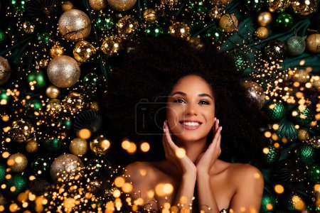 Photo for Top flatlay photo of gorgeous stunning lady touch wish dream christmas miracle on festive atmosphere preparation. - Royalty Free Image