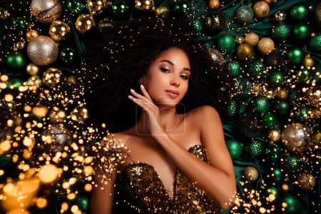 Photo for Top view photo of charming lady prepare christmas x mas event occasion lying green tree balls fairy illumination. - Royalty Free Image