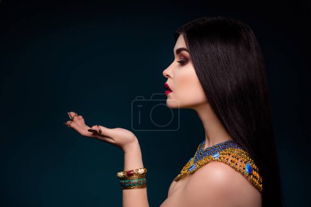 Photo for Photo of perfect lady empress hold hand product for beauty care having ideal purity over black background. - Royalty Free Image