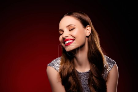 Photo for Photo of lovely cute girl on christmas event occasion have fun toothy smiling shiny skin. - Royalty Free Image